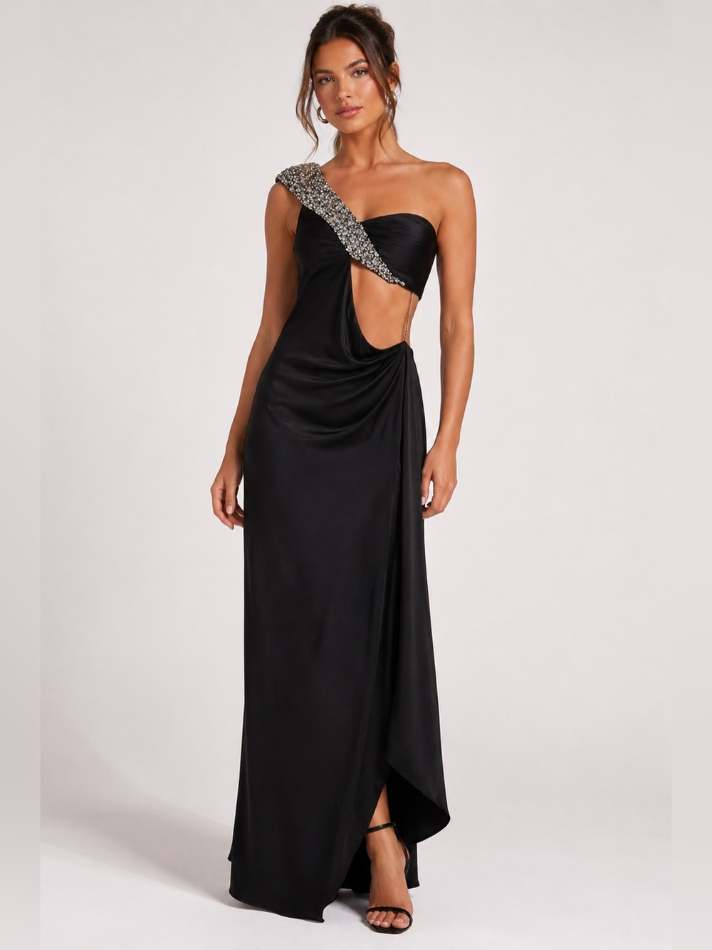 MAC DUGGAL One Shoulder Black Rhinestone Cutout Gown Dress Sz 8 Formal Prom Maxi